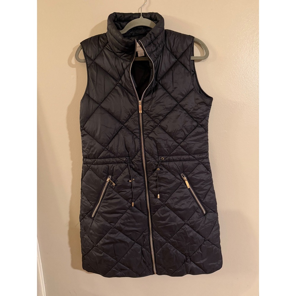 Liz Claiborne Black Quilted Puffer Vest Longline Drawstring Waist Mock Neck S